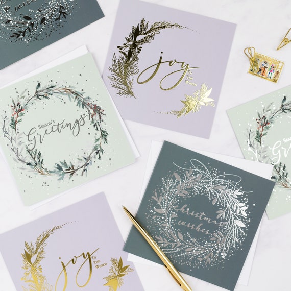 Gold Foil Embossed Christmas Square Card Set: Hand-Lettered Luxury Finish, Box Christmas Cards,