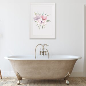 A set of three framed watercolor floral prints featuring pink and purple peonies with green leaves arranged in a minimalistic and elegant style against a white background. Pink peonies set of three prints, floral print set of 3, pink green botanical bouquet art, large poster, bathroom art hallway art, wall art