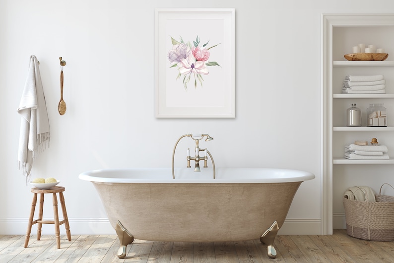 A set of three framed watercolor floral prints featuring pink and purple peonies with green leaves arranged in a minimalistic and elegant style against a white background. Pink peonies set of three prints, floral print set of 3, pink green botanical bouquet art, large poster, bathroom art hallway art, wall art