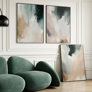 Emerald Green Abstract Wall Art Set of 3 Prints, Green Blush Home Decor ...