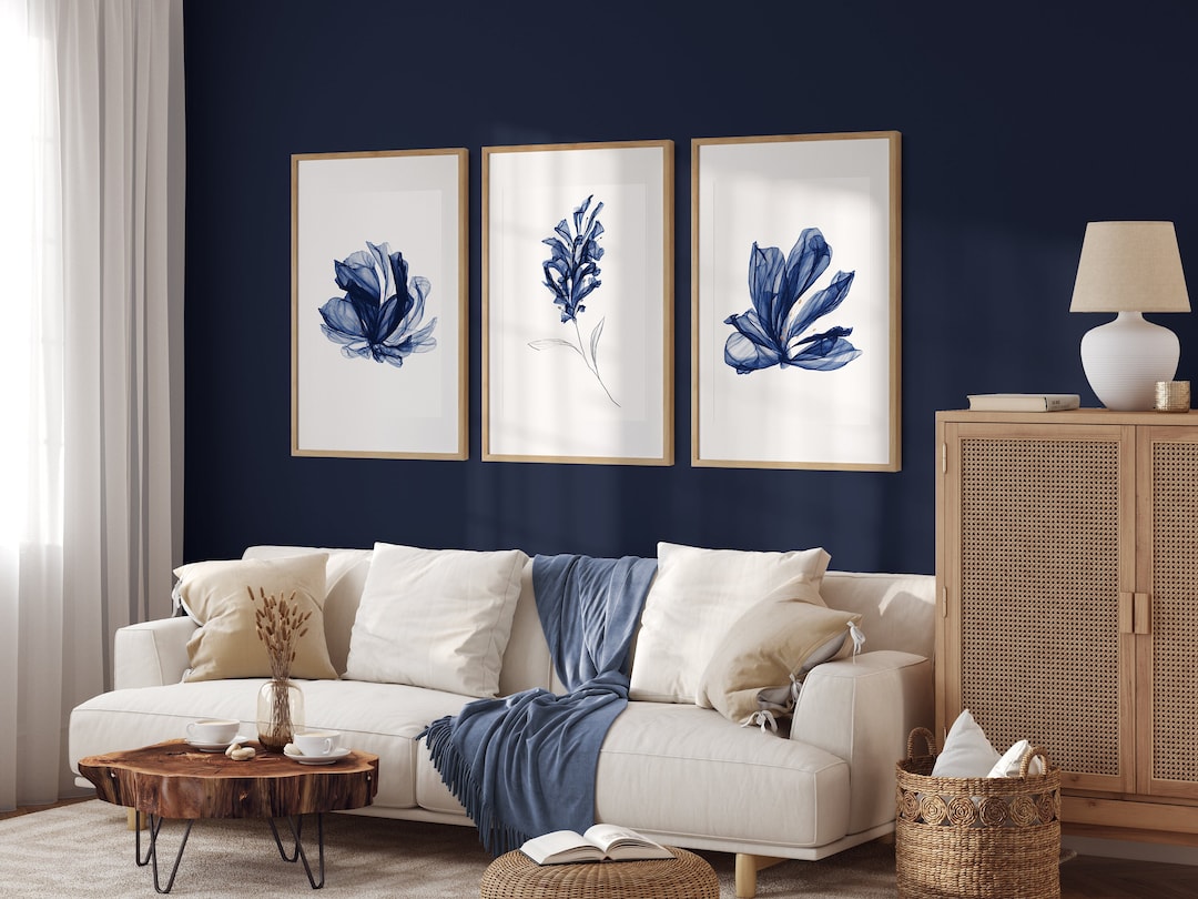 Blue Abstract Floral Prints: Navy Botanical Wall Art, Set of 3 Prints ...