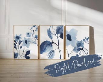 Navy Blue Floral Abstract Prints: Modern Botanical Wall Art Set (Digital Download)