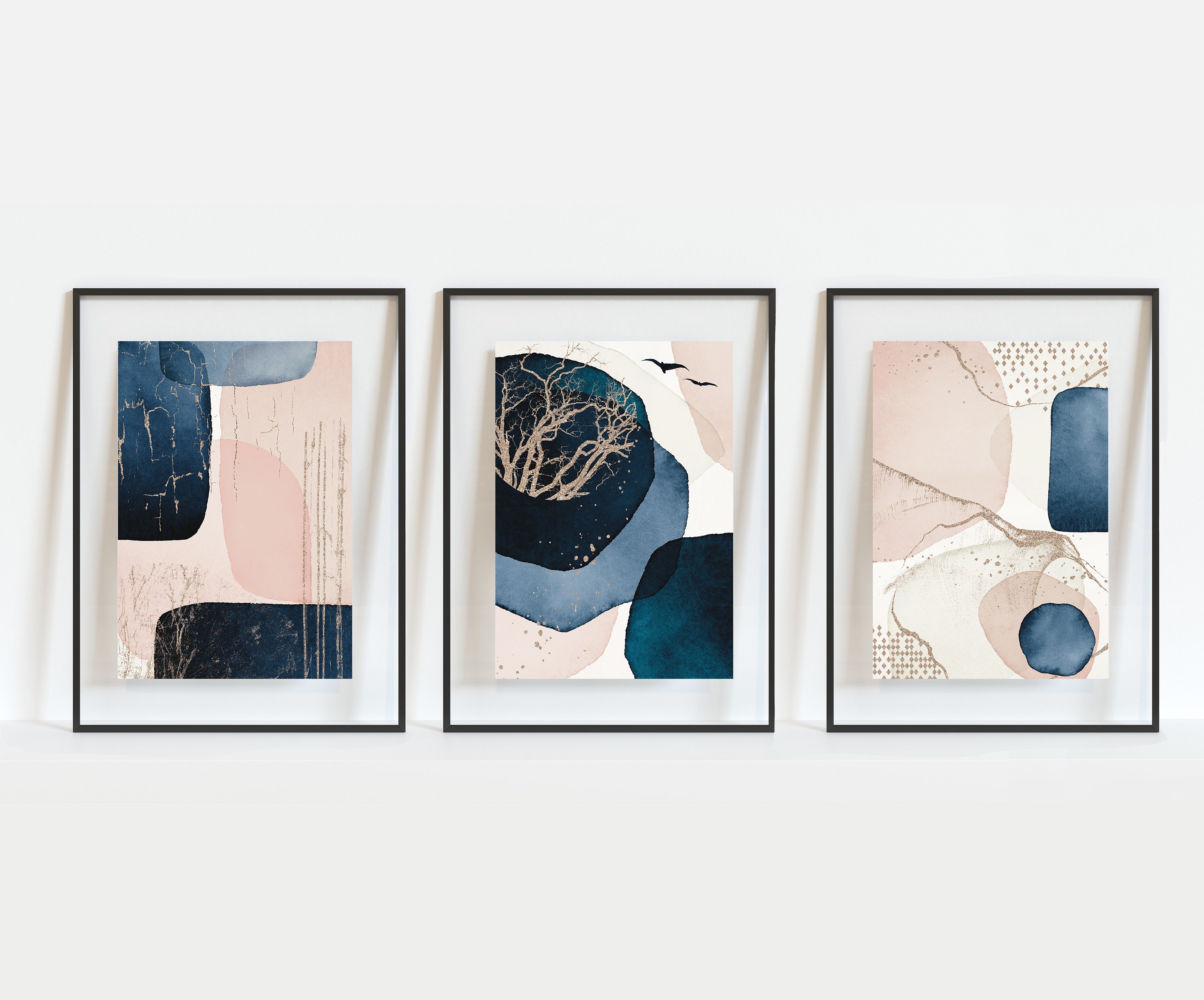 Blush pink navy abstract shapes set of 3 prints Gold Home | Etsy