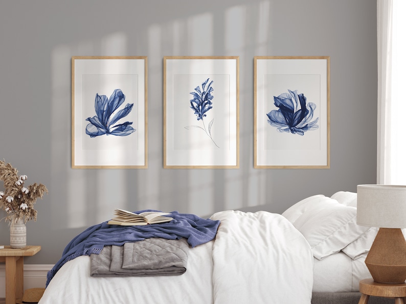 Blue Abstract Floral Prints: Navy Botanical Wall Art, Set of 3 Prints ...