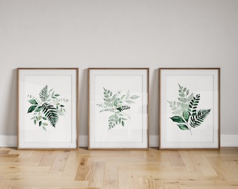 Dark Green Botanical Trio, Eucalyptus Fern Bamboo Print Set, Watercolour Plant Wall Art, Foliage Gallery Wall Decor, Minimalist Nature Print