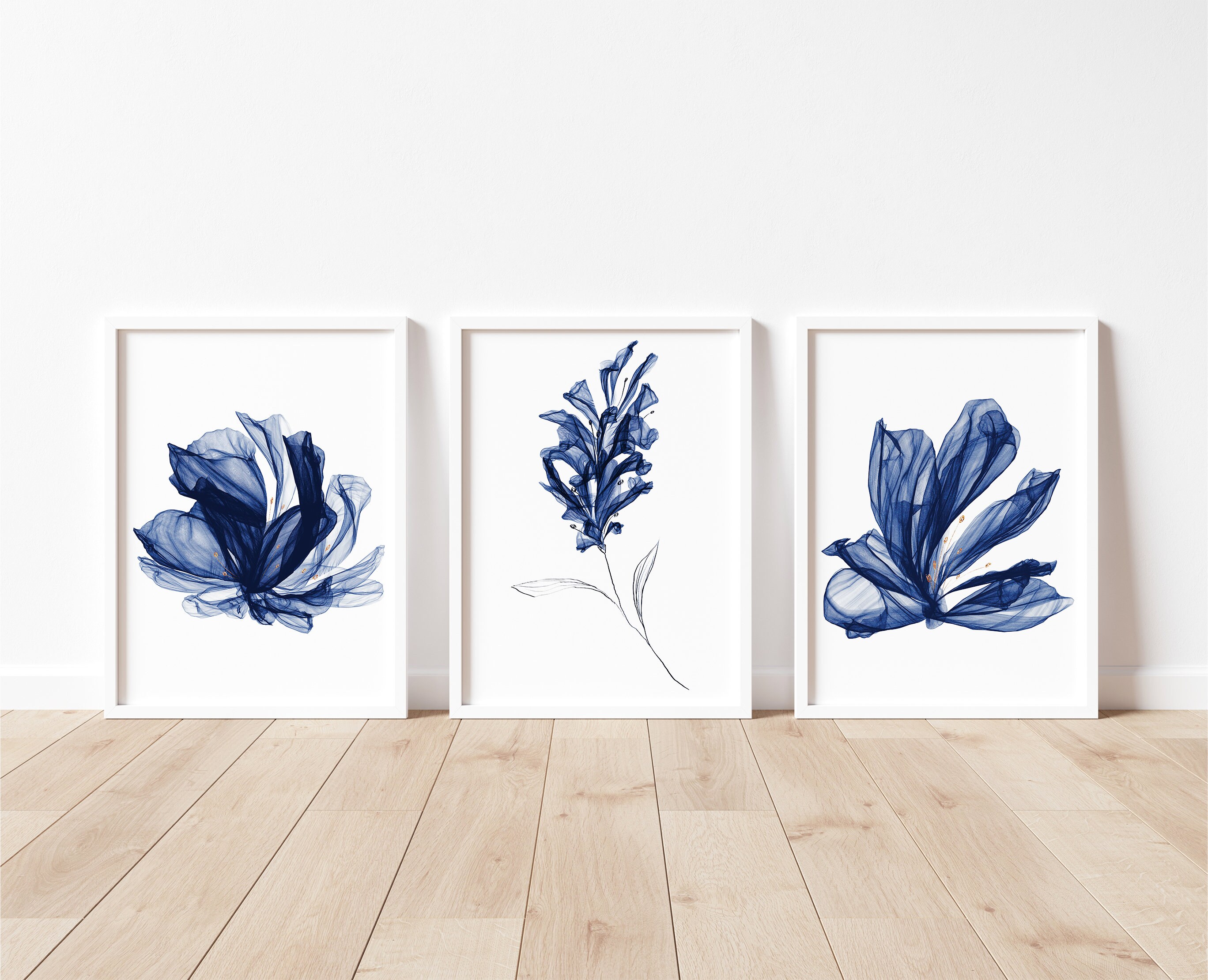 Blue Abstract Floral Prints: Navy Botanical Wall Art, Set of 3 Prints ...