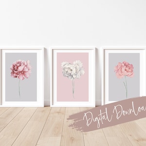 DIGITAL DOWNLOAD Blush pink grey peony, set of three, floral prints, botanical art, home decor, bedroom prints, pink wall art, triptych