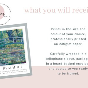 Set of 3 Christian Bible verse wall prints using Monet’s artwork for peaceful scripture-based home decor
