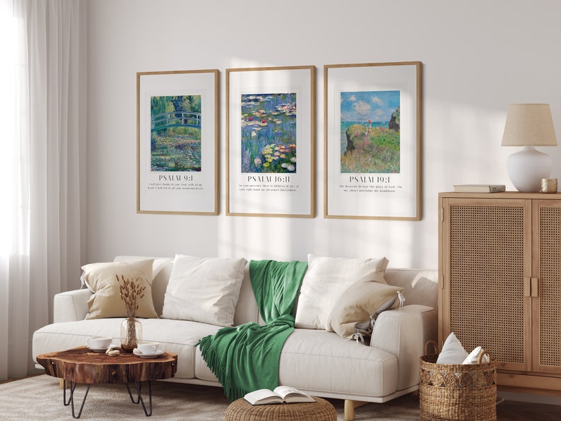 Monet cliffs scene paired with Psalm 19:1 in elegant serif font, ideal for Christian gifts or wall styling