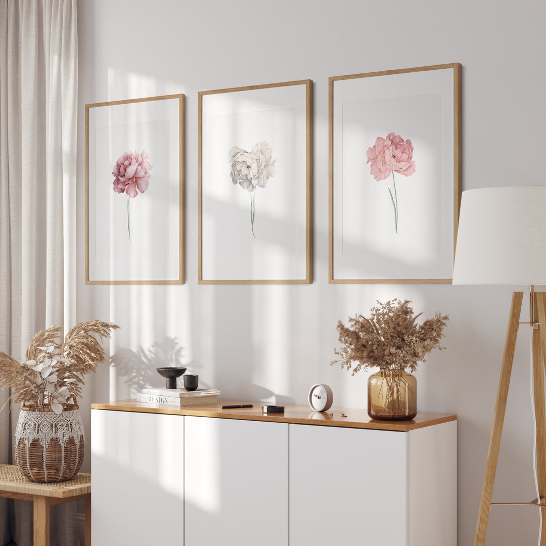 Blush Pink Peony Print Set: Minimalist Botanical Art, Set of 3, Above ...