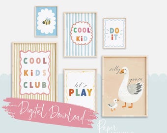 Kids Wall Art Bundle, Cool Kids Club Nursery Prints Set, Playroom Quote Prints, Beatles Poster, Sun & Moon, Personalised Prints, Silly Goose