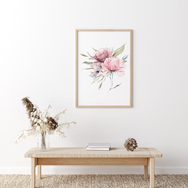 Pink purple peonies, set of three prints, floral set of 3, blush pink botanical print, bathroom art, pink wall art, home decor, A2 A3 A4 art image 4