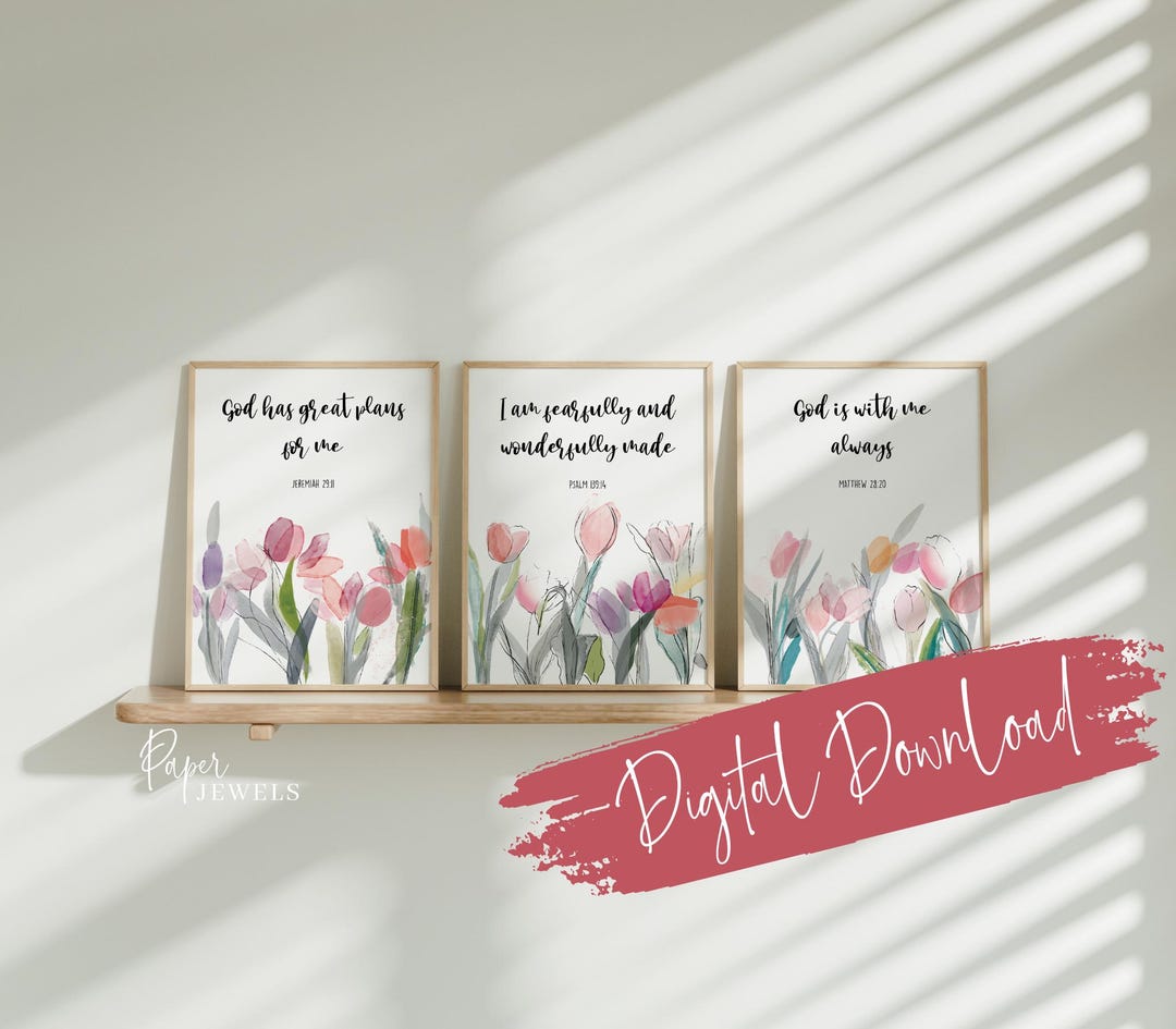 Bible Verse Prints Set of 3: Watercolor Floral Scripture Art (digital ...