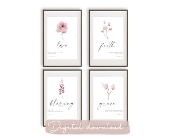 Watercolor Pink Botanical Bible Verse Print Set (Digital Download)