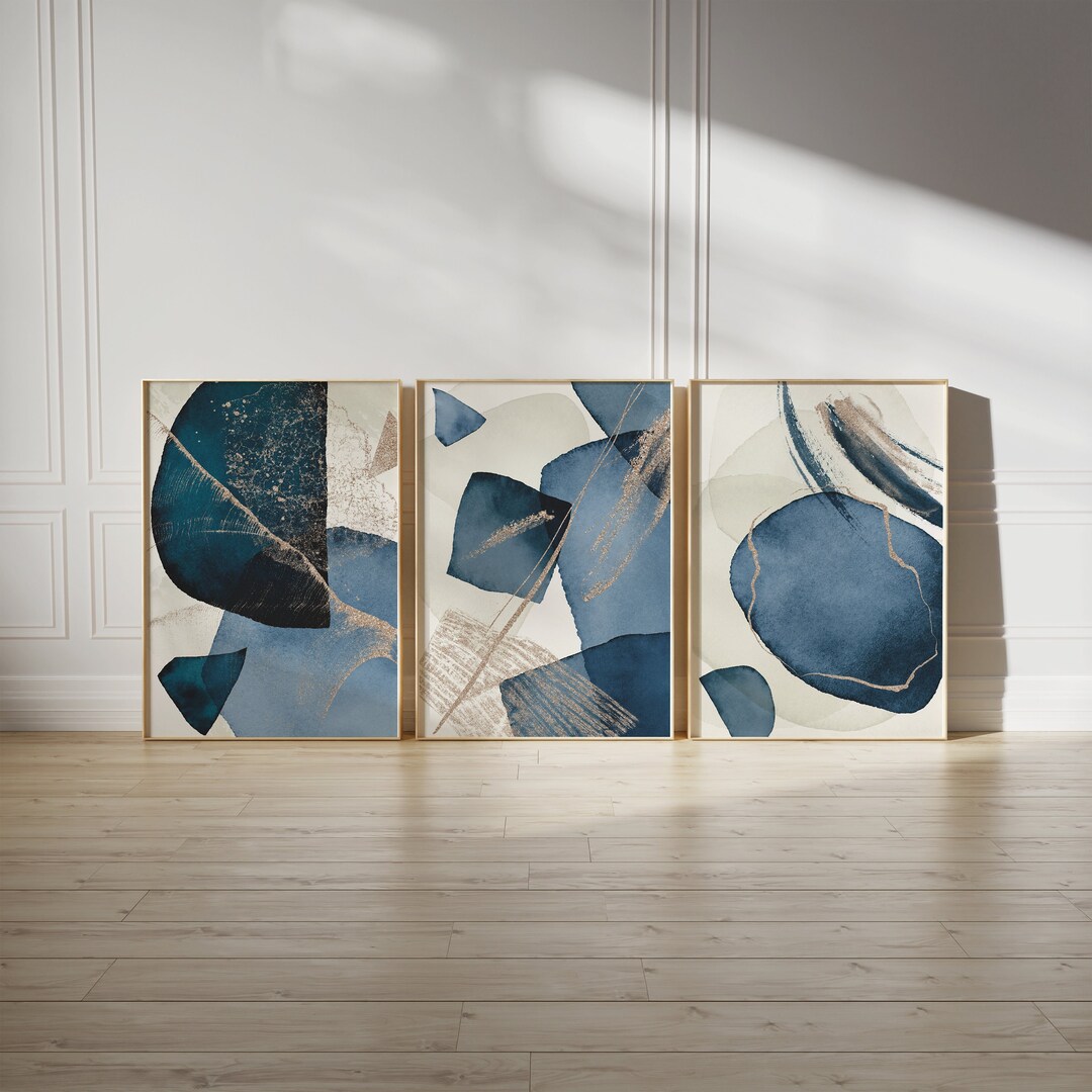 Navy Blue Abstract Wall Art Set of 3 Prints Gold Home Decor Etsy UK