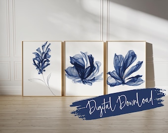 Instant Download Blue Abstract Floral Prints: Navy Botanical Wall Art, Set of 3 prints, Above Bed Prints,  bathroom art, digital art