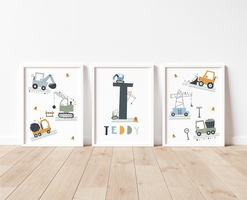 Set of 3 transport nursery prints, personalised baby gift, vehicle tractor digger construction nursery, play room poster, boys room art image 1