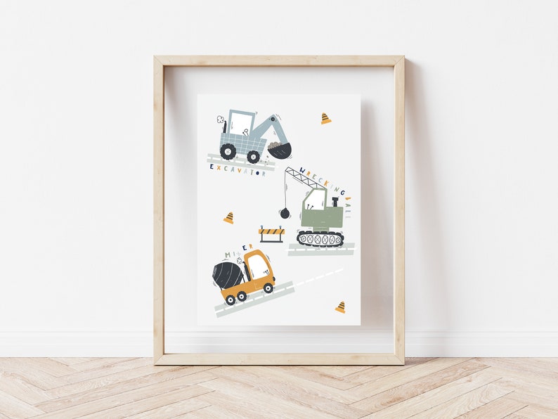 Set of 3 transport nursery prints, personalised baby gift, vehicle tractor digger construction nursery, play room poster, boys room art image 4