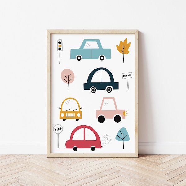 Impresión de arte de pared de transporte para guardería, decoración de habitación infantil con coches de colores, póster de vehículos para sala de juegos, arte de vehículos de estilo escandinavo, impresión de coches para guardería infantil.