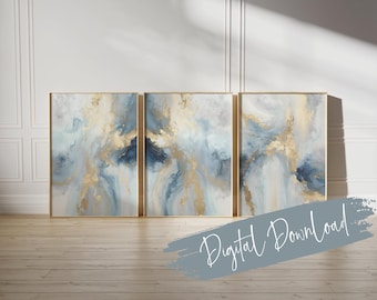 Navy Gold Marble Art Prints: Minimalist Watercolor Set of 3 (Digital Download)