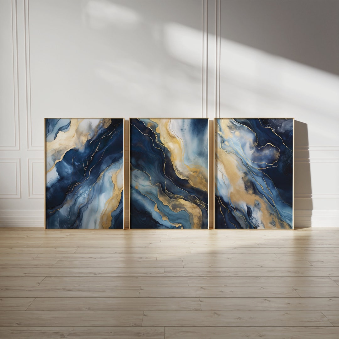 Navy Blue Abstract Wall Art Set of 3 Prints, Gold Home Decor, Set of 3