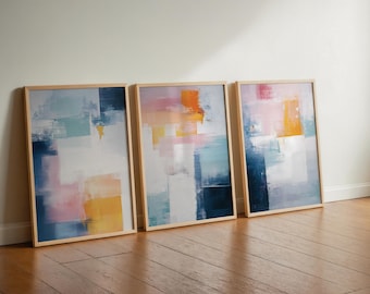 Abstract Colour Block Wall Art Set of 3 – Modern Geometric Prints, Minimalist Pastel Artwork, Contemporary Home Décor