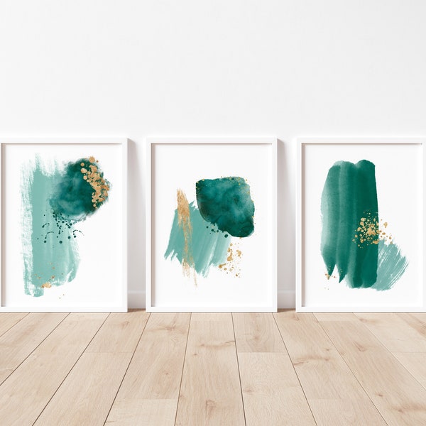 Emerald gold abstract prints | Watercolour minimalist abstract decor | green & gold wallart | set of three | A6 A5 A4 A3