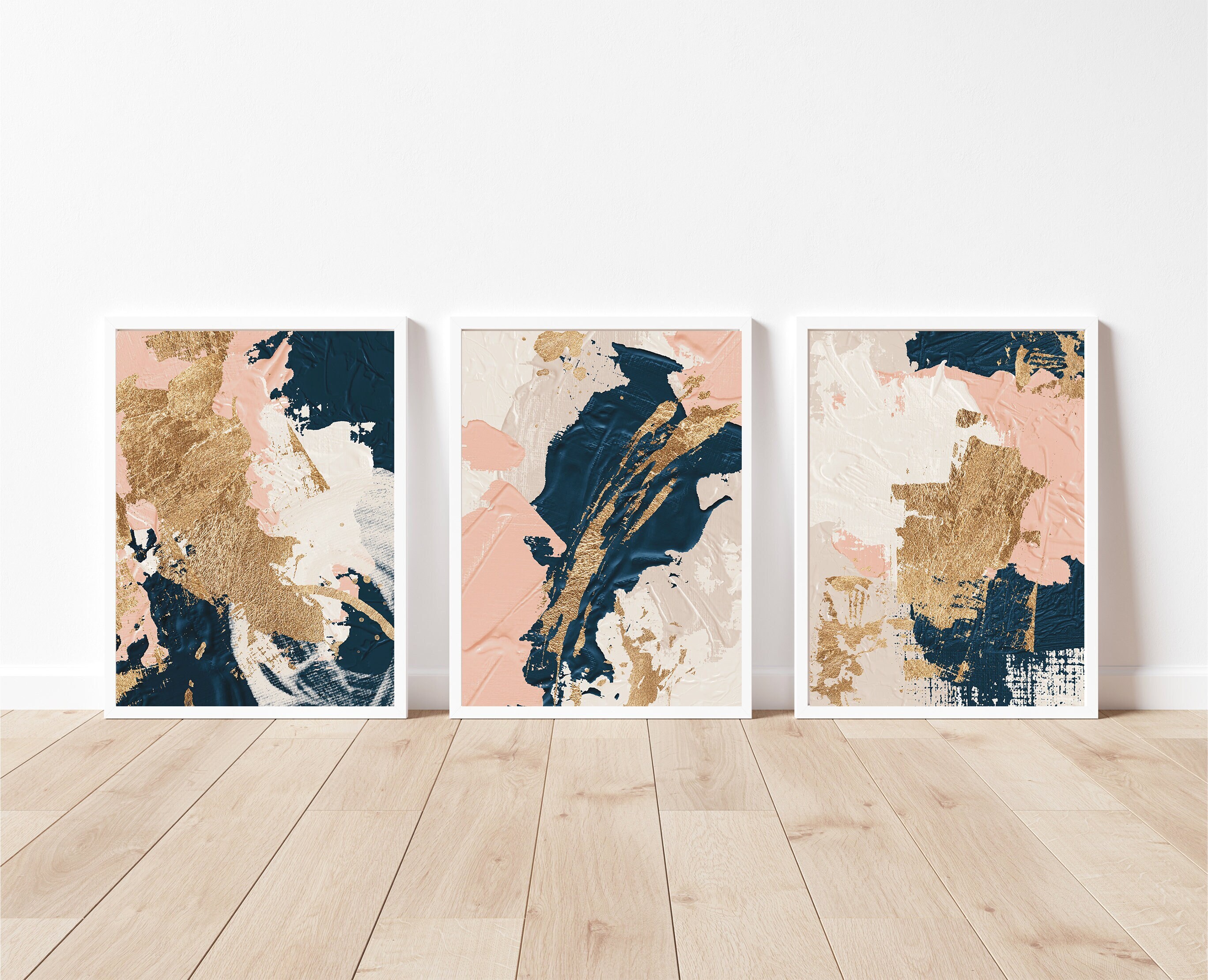 Pink Navy Abstract Wall Art Gold Minimalist Prints Etsy UK