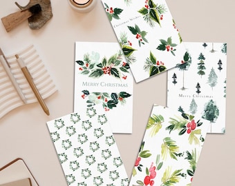 Watercolour Christmas Boxed Card Set – Festive Greenery Holiday Cards, Botanical Christmas Cards, Pack of 5 or 10