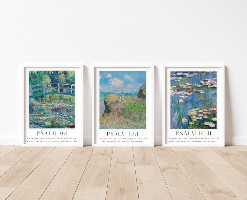 Faith-inspired Claude Monet water lilies print with Psalm 16:11 for living room or prayer corner