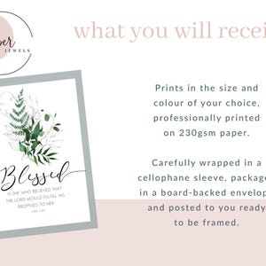 Scripture wall art with "Blessed is she who believed" text in elegant font