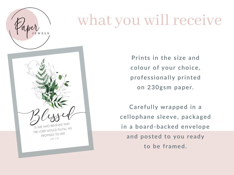 Scripture wall art with "Blessed is she who believed" text in elegant font