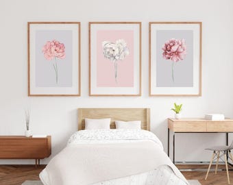 Blush pink grey peony, set of three, floral prints, botanical art, home decor, bedroom prints, pink wall art, triptych, wall art