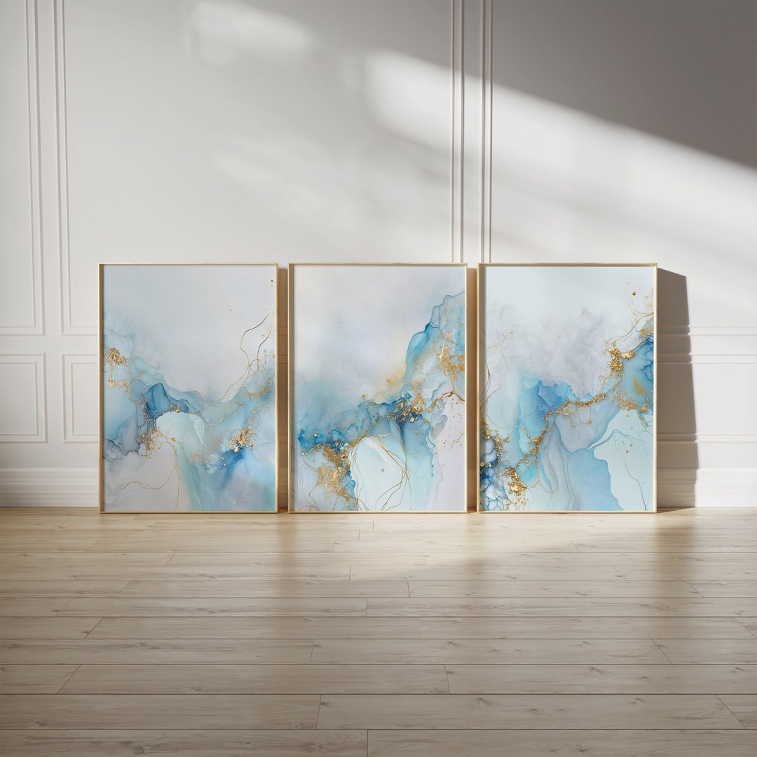 Blue Gold Wall Art Set of 3 Prints, Navy Blush Home Decor, Abstract Art ...