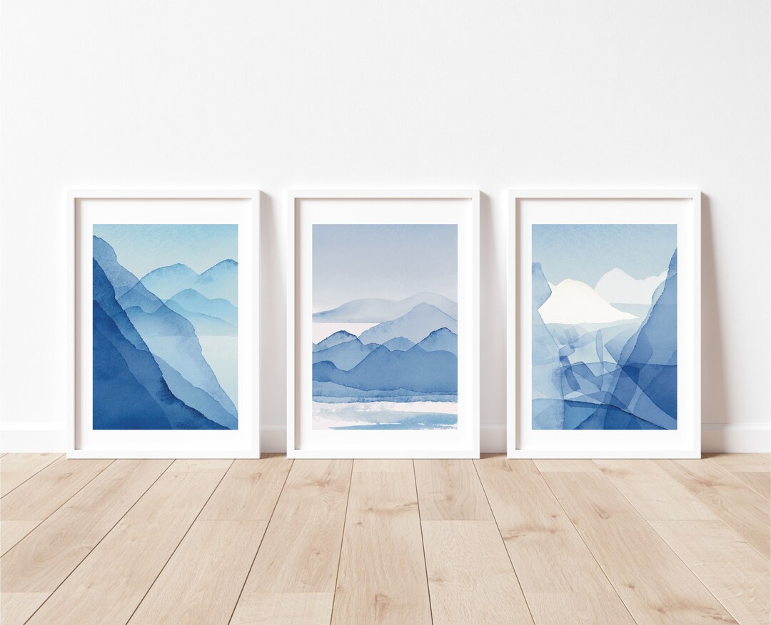 Blue Abstract Mountain Print Set: Coastal Watercolor Landscape Wall Art ...