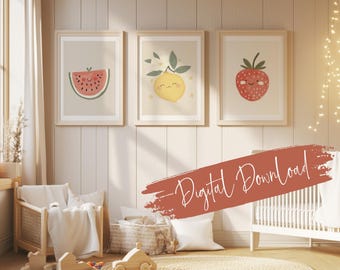 Fruit Nursery Prints: Strawberry, Lemon, Watermelon Set (Digital Download), Instant Download, Classroom Decor, Preschool Printables