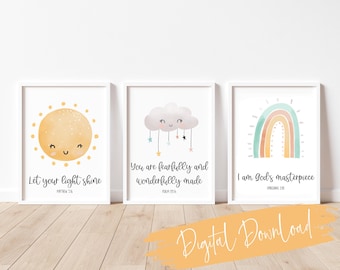 Christian Nursery Art Set, Rainbow Sunshine Cloud Bible Verse Prints (Digital Download)
