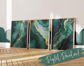 Emerald Green and Gold Marble Abstract Print Set: Modern Home Decor (Digital Download), Instant Download, Above Bed Prints, Bathroom Prints