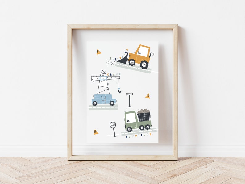 Set of 3 transport nursery prints, personalised baby gift, vehicle tractor digger construction nursery, play room poster, boys room art image 3