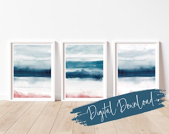 Navy Blue & Blush Watercolor Abstract Prints: Coastal Ombre Art (Digital Download)