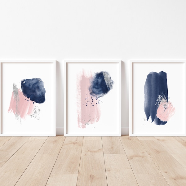 Blue pink and silver paint stroke abstract | Watercolour abstract | minimalist prints | wall art | set of three