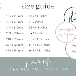 May include: Size guide for prints, showing measurements in inches and millimeters.  Sizes include A6, 5" x 7", A5, 8" x 10", A4, A3, and A2.  The text "Frames not included" is at the bottom of the image.
