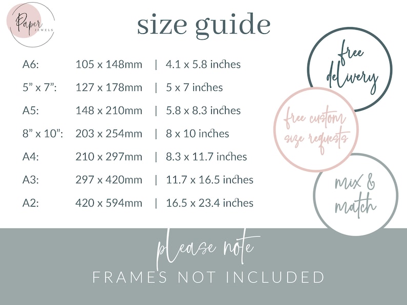 May include: Size guide for prints, showing measurements in inches and millimeters.  Sizes include A6, 5" x 7", A5, 8" x 10", A4, A3, and A2.  The text "Frames not included" is at the bottom of the image.