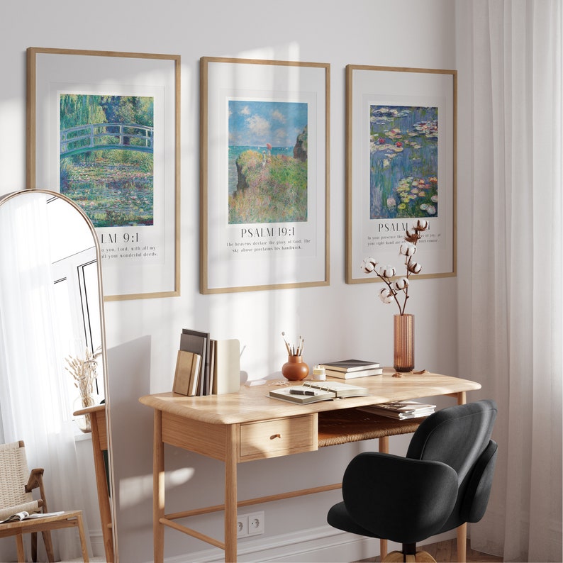 Claude Monet inspired Bible wall art set in white frames, styled for neutral interior Christian home decor