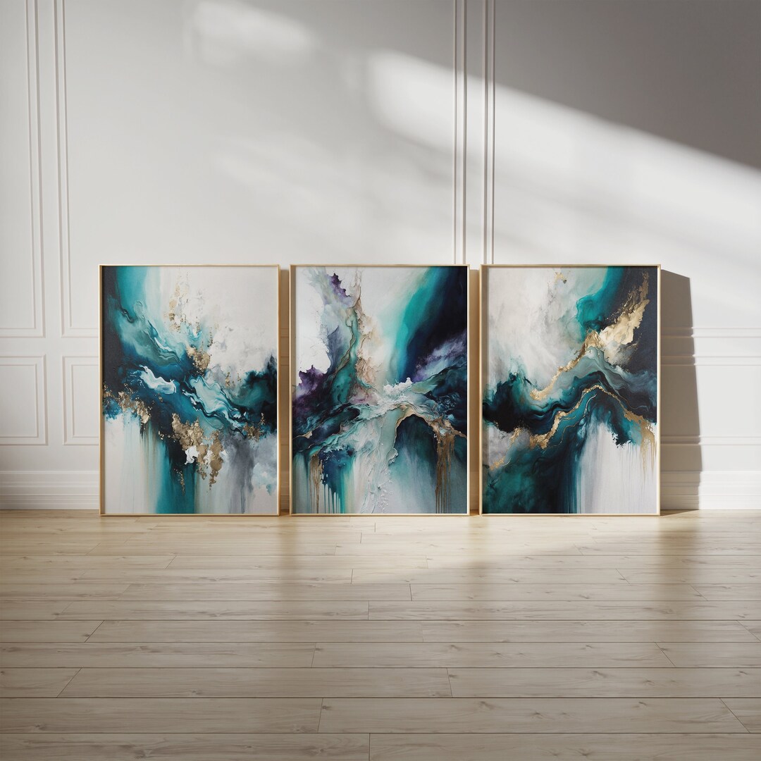 Turquoise Green & Gold Oil Paint Print Set of 3, Living Room Wall