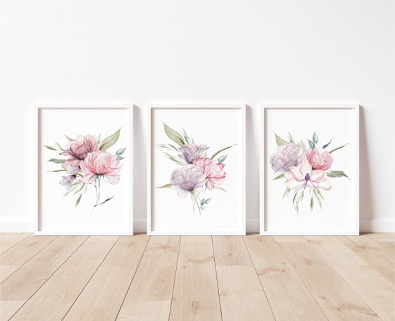 Pink purple peonies, set of three prints, floral set of 3, blush pink botanical print, bathroom art, pink wall art, home decor, A2 A3 A4 art