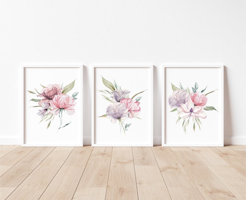 A set of three framed watercolor floral prints featuring pink and purple peonies with green leaves arranged in a minimalistic and elegant style against a white background. Pink peonies set of three prints, floral print set of 3, pink green botanical bouquet art, large poster, bathroom art hallway art, wall art
