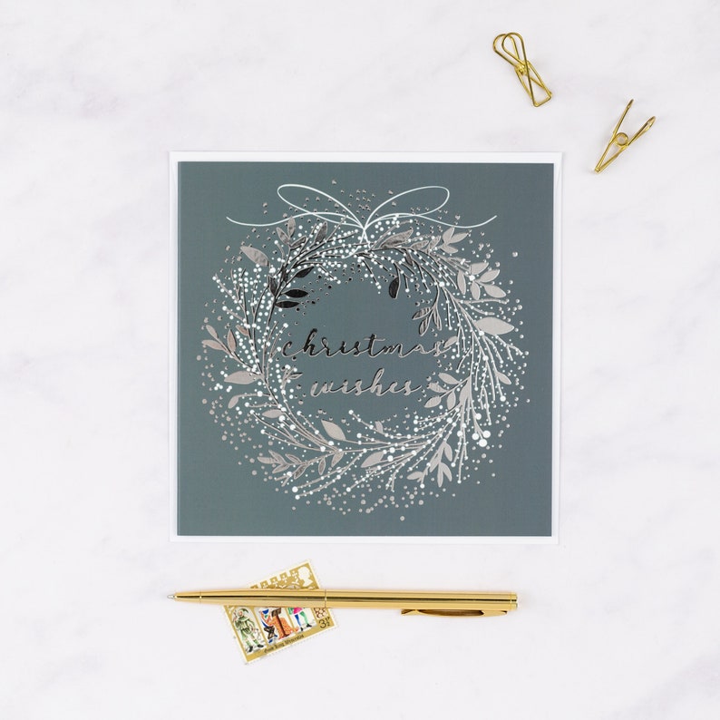 Pack of 6 square luxury Christmas cards with gold foil hand-lettered messages – Seasons Greetings, Joy to the World, and Christmas Wishes, with envelopes.