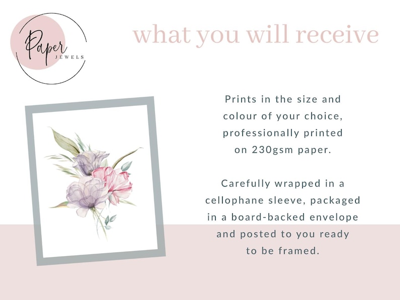 May include: A watercolor print of a bouquet of pink and purple flowers with green leaves. The print is framed in a light gray frame and is ready to be framed. The text "Prints in the size and colour of your choice, professionally printed on 230gsm paper. Carefully wrapped in a cellophane sleeve, packaged in a board-backed envelope and posted to you ready to be framed." is below the image.