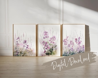 Set of 3 Purple Watercolour Wildflower Prints: Minimalist Botanical Art (Digital Download)